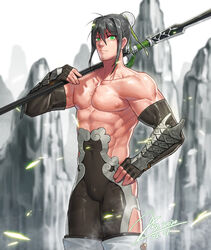  1boy abs bara bare_pectorals bare_shoulders black_bodysuit black_hair bodysuit bulge bun_cover chinese_clothes commentary covered_navel detached_sleeves facial_hair fate/grand_order fate_(series) genderswap_(ftm) green_eyes hand_on_own_hip hip_vent holding holding_polearm holding_weapon jin_(sirius-j) lance large_pectorals looking_at_viewer male_focus medium_hair muscular muscular_male navel navel_hair nipples over_shoulder pectorals polearm qin_liangyu_(fate) rule_63 side_slit sidelocks skin_tight solo stomach stubble symbol-only_commentary thick_thighs thighs weapon weapon_over_shoulder 