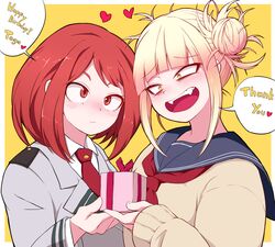  2girls bags_under_eyes birthday blonde_hair blue_sailor_collar blunt_bangs blush boku_no_hero_academia box brown_eyes brown_hair cardigan commentary double_bun english_text eyelashes eyeliner face-to-face fangs gift gift_box gift_wrapping giving hair_bun happy_birthday heart highres long_sleeves looking_at_another makeup messy_hair multiple_girls neckerchief necktie okumari open_mouth outside_border red_neckerchief red_necktie red_ribbon ribbon sailor_collar sanpaku school_uniform serafuku short_hair sidelocks slit_pupils smile speech_bubble toga_himiko u.a._school_uniform upturned_eyes uraraka_ochako wavy_mouth yellow_background yellow_cardigan yellow_eyes 