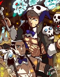  2boys abs alternate_costume bara black_hair bone bow bowtie cape drawing duckpasta facial_hair ghost gloves glowing goatee grey_hair gyee highres injury magic male_focus multicolored_hair multiple_boys muscular muscular_male nipples official_alternate_costume one_eye_closed pectorals short_hair smirk stubble su_(gyee) thick_eyebrows underpec upper_body white_hair yan_(gyee) 