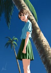  arm_at_side blue_sky brown_eyes brown_hair commentary female green_skirt highres looking_at_viewer mac_naut nozomi_(sonny_boy) open_mouth outdoors palm_tree short_hair short_sleeves skirt sky solo sonny_boy standing summer tree uniform 