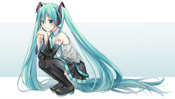  absurdly_long_hair aqua_eyes aqua_hair aqua_nails aqua_necktie bare_shoulders black_skirt black_sleeves black_thighhighs boots commentary detached_sleeves female from_side full_body grey_shirt grin hair_ornament hatsune_miku headphones headset long_hair looking_at_viewer md5_mismatch miniskirt nail_polish necktie own_hands_together pleated_skirt resolution_mismatch shirt shoulder_tattoo skirt sleeveless sleeveless_shirt smile solo source_smaller squatting sudachi_(calendar) tattoo thigh_boots thighhighs twintails very_long_hair vocaloid zettai_ryouiki 