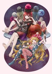  4girls :d american_flag_dress american_flag_legwear barefoot black_choker black_shirt blonde_hair chains choker clothes_writing clownpiece earth_(planet) feet fire full_body grey_background hat hecatia_lapislazuli hecatia_lapislazuli_(earth) hecatia_lapislazuli_(moon) highres holding holding_torch jester_cap long_hair looking_at_another masakichi_(mmw) moon multicolored_clothes multicolored_skirt multiple_girls official_art open_mouth pink_headwear plaid plaid_skirt planet red_eyes shirt short_sleeves simple_background skirt sky smile soles star_(sky) starry_sky strange_creators_of_outer_world teeth third-party_source toes torch touhou upper_teeth_only very_long_hair white_background 