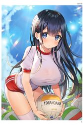  absurdres artbook artist_name ayamy ball bent_over black_hair blue_eyes blue_sky blush breasts buruma cloud cloudy_sky day female gym_uniform hair_ornament highres holding large_breasts lens_flare long_hair looking_at_viewer miyawaki_sana outdoors page_number parted_lips scan shiny_skin short_sleeves sky solo sunlight thighhighs toranoana volleyball volleyball_(object) white_thighhighs x_hair_ornament 