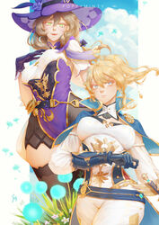  2girls black_legwear blonde_hair blue_capelet blue_eyes blue_gloves blue_sky breasts brown_eyes brown_hair capelet cloud cross cross_earrings dandelion detached_sleeves dress earrings flower genshin_impact gloves green_eyes hat hat_belt hat_flower high_ponytail highres jean_(genshin_impact) jewelry large_breasts lisa_(genshin_impact) looking_to_the_side low_neckline low_tied_hair multicolored multicolored_capelet multicolored_clothes multicolored_dress multiple_girls pants ponytail poppyminty purple_capelet purple_flower purple_headwear purple_rose rose sidelocks sky thighs tight tight_pants white_pants witch witch_hat 