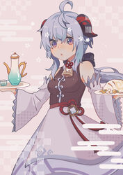  absurdres ahoge alternate_costume bare_shoulders bell blue_hair blush breasts commentary_request cup detached_sleeves drinking_glass egasumi female food ganyu_(genshin_impact) genshin_impact highres holding holding_tray horns long_hair looking_at_viewer medium_breasts neck_bell prosperous_peace_(genshin_impact) purple_eyes raii_(rraiire) sidelocks solo tray vision_(genshin_impact) 