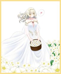  absurdres alternate_costume bare_shoulders basket blonde_hair blush border breasts chamomile choker cleavage closed_mouth collarbone daisy dress dress_flower female field floral_background flower flower_basket flower_choker flower_field girls&#039;_frontline hair_flower hair_ornament hairband heart heart_print highres holding holding_basket long_hair looking_at_viewer looking_away medium_breasts paaam simple_background smile solo standing wedding_dress white_dress x95_(girls&#039;_frontline) yellow_border yellow_eyes 