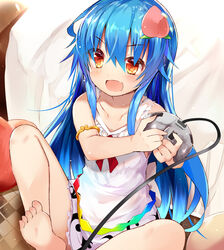  armlet bare_arms bare_shoulders barefoot blue_hair brown_eyes collarbone commentary_request controller dress efe feet female food foot_out_of_frame fruit game_console hair_between_eyes highres hinanawi_tenshi holding knee_up long_hair nintendo_64 nintendo_64_controller no_headwear oerba_yun_fang open_mouth peach short_dress sitting skin_fang soles solo toes touhou white_dress 