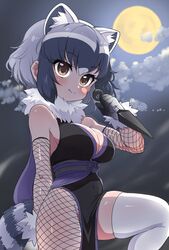  alternate_costume animal_ear_fluff animal_ears black_hair bodysuit breasts brown_eyes cleavage cloud commentary common_raccoon_(kemono_friends) elbow_gloves extra_ears fang_out female fishnet_fabric fishnet_gloves fishnet_thighhighs fishnets full_moon fur_collar gloves grey_hair highres japanese_clothes kemono_friends kimono kunai medium_breasts moon multicolored_hair night night_sky ninja no_panties oerba_yun_fang outdoors raccoon_ears raccoon_tail ransusan reverse_grip short_hair short_kimono sky smile solo tail thighhighs weapon white_thighhighs 