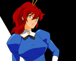  adapted_costume agent_aika aika_(series) bd77 black_neckwear blue_delmo blue_jacket breasts closed_mouth commentary cosplay crossover delmogeny_uniform english_commentary female hair_ornament hair_stick jacket juliet_sleeves long_hair long_sleeves looking_at_viewer medium_breasts ponytail puffy_sleeves red_hair skirt smile solo star_cutout taut_clothes tengen_toppa_gurren_lagann yoko_littner 