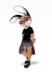  2021 anthro bottomwear brown_body brown_fur cider_(ciderbunart) clothed clothing ear_piercing ear_ring eyewear female footwear full-length_portrait fully_clothed fur glasses hi_res lagomorph leporid mammal piercing portrait rabbit ribbontini ring_piercing shirt shoes shorts simple_background smile solo standing t-shirt topwear white_background 