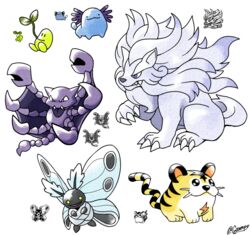  :d black_eyes claws commentary english_commentary fangs food full_body gligar_(prototype) gooompy highres kotora_(pokemon) lion looking_at_viewer madame_(wooper) may98_pokemon_349_(lion) may98_pokemon_383_(bagworm_2) mitei01_(sunkern) no_humans open_mouth pokemon pokemon_(creature) pokemon_gsc pokemon_gsc_(prototype) prototype_design signature simple_background smile sprite white_background yellow_eyes 