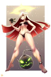  absurdres ankh bad_id bad_pixiv_id ball_and_chain_restraint bikini black_bikini border breasts commission covered_nipples female from_below full_body glowing glowing_eyes glowing_mouth guilty_gear guilty_gear_xrd halo hand_on_own_hip highres holding holding_mask jack-o&#039;_valentine jmg long_hair mask medium_breasts multicolored_hair outside_border platinum_blonde_hair red_eyes red_hair shiny_skin signature smile solo spiked_halo swimsuit two-tone_hair very_long_hair 