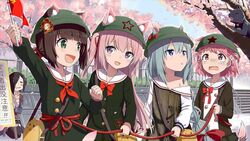  5girls :d =_= animal animal_ear_fluff animal_ears ark_royal_(azur_lane) arm_up azur_lane bag black_cat blue_eyes blue_sky blush bow brown_hair cat_ears caterpillar cherry_blossoms closed_eyes commentary_request communist_flag day dog_ears dog_girl dog_tail drooling ears_through_headwear emblem feline flag gotyou green_eyes green_hair green_headwear green_skirt hair_between_eyes hair_ribbon hat highres holding holding_flag kindergarten_uniform kisaragi_(azur_lane) long_hair long_sleeves mikazuki_(azur_lane) mouth_drool multiple_girls mutsuki_(azur_lane) neckerchief oerba_yun_fang official_art one_side_up open_mouth outdoors pedophile pink_hair purple_eyes red_bow red_neckerchief red_ribbon red_star ribbon rope_train sailor_collar school_hat shirt shoulder_bag skirt sky smile star_(symbol) tail tears third-party_edit translated uzuki_(azur_lane) very_long_hair white_sailor_collar yellow_bow 