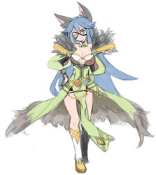  animal_ear_fluff animal_ears blue_eyes blue_hair boots breasts cat_ears cleavage closed_mouth commentary_request dress elemental_master_(ragnarok_online) eye_mask female full_body fur_collar fur_dress goinkyo green_dress hands_on_own_hips long_hair looking_at_viewer off-shoulder_dress off_shoulder ofly_(ofly252) one_eye_closed pelvic_curtain ragnarok_online simple_background smile solo standing very_long_hair white_background white_footwear 