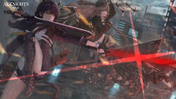  3girls absurdres animal_ears arknights bad_id bad_pixiv_id bare_shoulders black_headwear black_jacket black_shirt blacksteel_worldwide_logo blue_hair ch&#039;en_(arknights) chains city commentary_request copyright_name dragon_horns dragon_tail drill_hair drone fingerless_gloves full_body gloves great_lungmen_logo green_eyes green_hair hair_between_eyes hat highres holding holding_chain holding_shield holding_sword holding_weapon horns hoshiguma_(arknights) jacket long_hair md5_mismatch meganeno_dokitsui multiple_girls open_mouth outdoors red_eyes rhine_lab_logo shield shirt shorts single_horn skin-covered_horns sleeveless swire_(arknights) sword tail thighs tiger_ears weapon white_shirt 