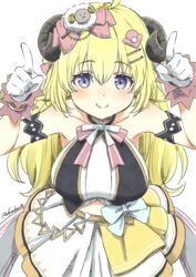  absurdres ahoge animal_ears arm_garter blonde_hair blue_eyes blush bow breasts closed_mouth cowboy_shot female fuusuke_(fusuke208) gloves hair_between_eyes hair_ornament hairclip highres hololive hololive_idol_uniform horns horns_pose idol idol_clothes long_hair looking_at_viewer medium_breasts official_alternate_costume pink_bow sheep_ears sheep_girl sheep_hair_ornament sheep_horns simple_background smile solo striped striped_bow traditional_media tsunomaki_watame twitter_username virtual_youtuber white_background white_bow white_gloves wrist_cuffs 