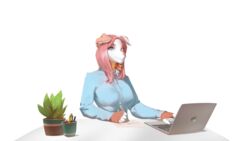  absurd_res alpha_channel anthro big_breasts breasts canid canine canis clothed clothing computer desk domestic_dog electronics female furniture hi_res laptop looking_at_viewer mammal okata pencil_holder plant simple_background smile smiling_at_viewer solo table transparent_background 