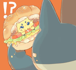  !? akadako animal_focus blue_eyes burger cheek_bulge cheese chewing closed_mouth commentary_request crumbs dated_commentary eating extra_eyes food food_bite food_on_face from_behind holding holding_food in_food joltik lettuce looking_at_another meat munchlax no_humans one-hour_drawing_challenge orange_background partial_commentary pokemon pokemon_(creature) sesame_seeds simple_background surprised tomato 