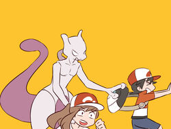  &gt;_&lt; 1boy ayumi_(pokemon) backpack bag baseball_cap black_hair brown_hair commentary creature english_commentary female gen_1_pokemon happy hat holding holding_bag kakeru_(pokemon) legendary_pokemon long_hair mewtwo pokemon pokemon_(creature) pokemon_(game) pokemon_lgpe ponytail running simple_background spiked_hair yellow_background 