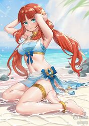  adapted_costume anklet aqua_eyes armpits arms_behind_head arms_up bandeau bare_arms bare_legs barefoot beach bikini blue_bow blue_gemstone blue_nails blue_skirt blue_sky blunt_bangs blush bow breasts caustics cleavage closed_mouth cloud day feet female floating_hair full_body gem genshin_impact gold_choker gold_trim halterneck highres jewelry leaf legs linreplica long_hair looking_at_viewer low_twintails nail_polish navel neck_ring nilou_(genshin_impact) ocean outdoors parted_bangs red_hair revision rock shallow_water sitting sitting_on_water skindentation skirt sky small_breasts smile soles solo stomach strapless summer sunlight swimsuit thighlet thighs toenail_polish toenails toes twintails vision_(genshin_impact) water wet yokozuwari 