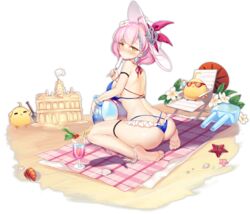  ahoge anchor_hat_ornament ass azur_lane ball bare_shoulders barefoot beach beach_mat beachball bikini bird blue_bikini braid braided_bangs breasts chick cup day drinking_glass drinking_straw female flower food frilled_bikini frills from_behind hair_flower hair_ornament hat hat_ornament hecha_(01964237) holding large_breasts looking_at_viewer looking_back manjuu_(azur_lane) multi-strapped_bikini multicolored_hair official_alternate_costume official_art pink_hair popsicle sand_castle sand_sculpture seiza short_hair sitting solo starfish streaked_hair sun_hat sunglasses swimsuit tartu_(azur_lane) tartu_(overthinking_summer)_(azur_lane) transparent_background tropical_drink water white_hat yellow_eyes 