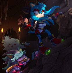  anthro auntymoira breasts cave cleavage climbing clothed clothing detailed_background dirt duo eulipotyphlan female hedgehog hi_res holding_object inside light light_beam male mammal purity_the_hedgehog sega sonic_the_hedgehog_(series) sunbeam sunlight torch water 