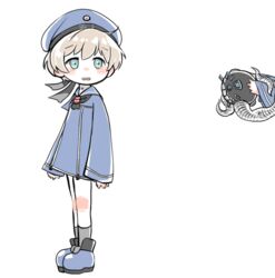  2girls abyssal_ship aqua_eyes bad_id bad_twitter_id blush clothes_writing dress enemy_naval_mine_(kancolle) grey_hair hat kantai_collection karin_bluez3 long_hair multiple_girls open_mouth out_of_frame sailor_collar sailor_dress sailor_hat short_hair simple_background socks standing tentacle white_background z1_leberecht_maass_(kancolle) z3_max_schultz_(kancolle) 