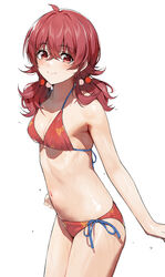  alternate_costume beads bikini blush breasts candy_print cleavage female gin00 hair_beads hair_ornament halterneck highres idolmaster idolmaster_shiny_colors komiya_kaho looking_at_viewer navel red_bikini red_eyes red_hair side-tie_bikini_bottom simple_background small_breasts solo standing stomach string_bikini swimsuit twintails white_background 