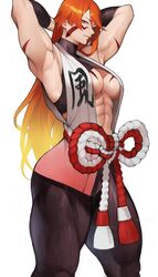  abs absurdres armpits arms_behind_head arms_up bare_arms bare_shoulders biceps black_pants blonde_hair body_markings breasts collarbone detached_sleeves dougi facepaint female fuuma_kotarou_(tenkaichi) gradient_hair halterneck highres japanese_clothes large_breasts long_hair looking_at_viewer martial_arts_belt multicolored_hair muscular muscular_female navel pants red_eyes red_hair rope rope_belt smile solo tenkaichi_nihon_saikyou_bugeisha_ketteisen thick_thighs thighs toned underboob yoshio_(55level) 