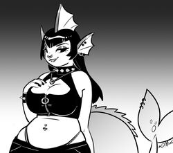  2023 accessory alternative_fashion anthro big_breasts biped black_and_white bracelet breasts cleavage_cutout clothed clothing collar crop_top cutout ear_frill ear_piercing ear_ring eeveelution eyebrows facial_piercing female fin frill_(anatomy) front_view furgonomics furry-specific_piercing generation_1_pokemon goth hair half-closed_eyes hand_on_own_breast head_fin jewelry long_hair looking_aside membrane_(anatomy) membranous_frill midriff monochrome narrowed_eyes navel navel_piercing necklace nintendo nose_piercing nose_ring piercing pokemon pokemon_(species) ring_piercing shirt slightly_chubby slightly_chubby_female smile solo somik spiked_bracelet spiked_collar spikes standing tail tail_accessory tail_fin tail_jewelry tail_piercing tail_ring_(piercing) thong_straps topwear vaporeon 