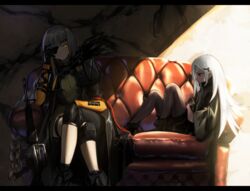  2girls assault_rifle black_eyes black_footwear black_gloves black_jacket black_shorts boots braid braided_ponytail closed_mouth couch crossed_legs elisa_(girls&#039;_frontline) eyepatch girls&#039;_frontline gloves gun hand_on_own_head hand_on_own_knee hands_on_own_stomach highres jacket lodbyy long_hair looking_away looking_down m16 m16a1 m16a1_(boss)_(girls&#039;_frontline) m16a1_(girls&#039;_frontline) multicolored_hair multiple_girls orange_eyes pantyhose rifle sangvis_ferri scar scar_on_face shirt shorts weapon white_hair yellow_shirt 