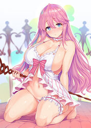  babydoll bare_shoulders barefoot blue_eyes bow breasts cleavage female freiya_(kaiyari) frills kaifuku_jutsushi_no_yarinaoshi_~sokushi_mahou_to_skill_copy_no_chouetsu_heal~ lace large_breasts lingerie long_hair looking_at_viewer midriff navel official_art panties pink_hair shiokonbu single_thighhigh solo staff thigh_strap thighhighs thighs underwear white_babydoll white_panties 