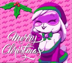  animated anthro big_breasts black_lipstick blowing_kiss breasts christmas christmas_clothing christmas_headwear cleavage closed_eyes clothed clothing collar digital_media_(artwork) female front_view fur green_clothing green_ribbons hat headgear headwear holidays holly_(plant) lagomorph leporid lipstick makeup mammal merry_christmas pink_accessory pink_clothing pink_nose pixel_(artwork) pixel_animation plant rabbit roxy_(senorkah) santa_hat senorkah short_playtime solo white_body white_fur 