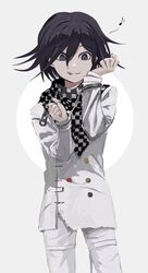  1boy 55ll221 bad_id bad_twitter_id black_hair buttons checkered_clothes checkered_scarf commentary cowboy_shot cuffed cuffs danganronpa_(series) danganronpa_v3:_killing_harmony double-breasted eighth_note grey_background hair_between_eyes handcuffs hands_up highres jacket long_sleeves looking_at_viewer male_focus medium_hair mouth_hold musical_note oma_kokichi pants paperclip purple_eyes scarf smile solo straitjacket white_jacket white_pants 