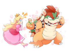  2015 2_horns 3_toes anthro armwear blonde_hair blue_eyes blush bowser claws clothing crown dress duo ear_piercing ear_ring elbow_gloves feet fingers flower footwear gloves hair handwear headgear high_heels horn human interspecies koopa long_hair male mammal mario_bros nintendo open_mouth piercing plant princess_peach red_hair ring_piercing romantic scalie shell simple_background surprised_expression teeth toe_claws toes ukan_muri 