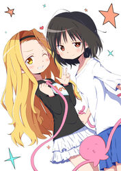  2girls bangs_pinned_back black_hair blonde_hair brown_eyes closed_mouth grin hairband kirarazaka_marina kuze_shizuka long_hair long_sleeves matsubara_ryuu miniskirt multiple_girls one_eye_closed shirt short_hair skirt smile t-shirt takopii takopii_no_genzai yellow_eyes 