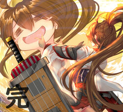  asahiru_ban blue_oath blush brown_hair cloud female flight_deck hair_ornament highres hilt japanese_clothes long_hair open_mouth ponytail sky smile sword very_long_hair weapon zuikaku_(blue_oath) 