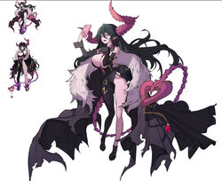  asymmetrical_clothes black_hair breasts cape damn_reincarnation demon_girl demon_horns detached_sleeves earrings fangs female full_body fur-trimmed_cape fur_trim gagrim heart holding holding_phone horns jewelry large_breasts long_hair noir_giabella_(damn_reincarnation) novel_illustration official_art phone purple_eyes reference_sheet selfie tail wrist_cuffs 