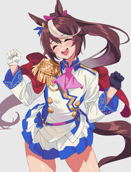  animal_ears asymmetrical_gloves blue_gloves blue_jacket blue_shirt blush brown_hair cape clenched_hands closed_eyes commentary cowboy_shot ear_ornament epaulettes female gloves grey_background highres horse_ears horse_girl horse_tail jacket long_hair long_sleeves mismatched_gloves multicolored_clothes multicolored_hair multicolored_jacket open_mouth pleated_skirt ponytail red_cape sarcophage shirt side_cape simple_background single_epaulette skirt smile streaked_hair tail tokai_teio_(umamusume) two-tone_jacket two-tone_skirt umamusume white_gloves white_hair white_jacket white_skirt 