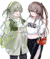  2girls absurdres bad_id bad_pixiv_id bag bag_behind_back black_leggings black_skirt blush breasts brown_eyes brown_hair casual chinese_commentary feet_out_of_frame flower girls&#039;_frontline green_bag green_eyes green_hairband grey_hair hairband highres id_card jacket leggings long_hair long_skirt long_sleeves looking_at_another md5_mismatch multicolored_clothes multicolored_jacket multiple_girls navel official_alternate_costume one_side_up one_smoke open_mouth orange_bag print_shirt resolution_mismatch scar scar_across_eye shirt shoulder_bag skirt small_breasts smile standing teeth two-tone_jacket ump40_(girls&#039;_frontline) ump40_(moon_river)_(girls&#039;_frontline) ump45_(corona_sunset)_(girls&#039;_frontline) ump45_(girls&#039;_frontline) upper_teeth_only white_background white_shirt 