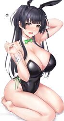  absurdres anger_vein animal_ears arm_behind_head arm_strap arm_up bare_legs barefoot black_hair black_leotard black_nails bow bowtie breasts brown_eyes commentary_request covered_navel detached_collar fake_animal_ears female furrowed_brow green_bow green_bowtie hand_up highres idolmaster idolmaster_shiny_colors large_breasts leotard long_hair mayuzumi_fuyuko playboy_bunny rabbit_ears rabbit_tail sateridas seiza sitting solo spoken_anger_vein strapless strapless_leotard sweatdrop tail thighs two_side_up v-shaped_eyebrows wrist_cuffs 