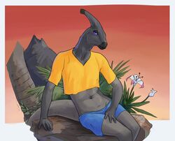  absurd_res anthro asurii bottomwear brown_body callum_(zagz) clothing crop_top detailed_background dinosaur extinct flower hadrosaurid hi_res looking_at_viewer male ornithischian ornithopod parasaurolophus plant prehistoric_species purple_eyes reptile scalie shirt shorts sitting solo topwear 