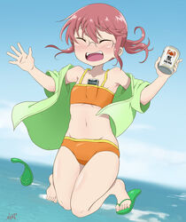  beer_can bikini blue_sky blush can cellphone closed_eyes cloud day drink_can feet female flat_chest flip-flops full_body glasses green_shirt highres kobayashi-san_chi_no_maidragon kobayashi_(maidragon) motokazu_(dontokodon) object_in_clothes object_in_swimsuit ocean official_style open_clothes open_mouth open_shirt orange_bikini outdoors phone pink_hair ponytail sandals semi-rimless_eyewear shirt single_barefoot single_sandal sky smartphone solo swimsuit teeth toes unworn_sandals upper_teeth_only 