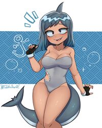  anchor art_trade bare_shoulders black_gloves borrowed_character breasts cleavage feet_out_of_frame female fingerless_gloves fins fish_tail glint gloves grey_hair grey_one-piece_swimsuit hand_up highres looking_at_viewer medium_breasts medium_hair one-piece_swimsuit original parted_lips red_eyes shadow shark_fin shark_girl shark_tail sharkini sharp_teeth smile solo speech_bubble strapless strapless_one-piece_swimsuit swimsuit tablitachan tail teeth twitter_username 