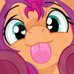  1:1 breaking_the_fourth_wall digital_media_(artwork) earth_pony emberslament equid equine eyebrows eyelashes female green_eyes hair hasbro hi_res hooves horse licking looking_at_viewer mammal mlp_g5 multicolored_hair my_little_pony orange_body pink_hair pink_tongue pony purple_hair smile solo sunny_starscout_(mlp) tongue tongue_out two_tone_hair 