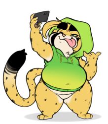  2023 anthro black_spots bottomless bottomless_anthro bottomless_male brown_pawpads cellphone cheetah clothed clothing electronics eyebrows featureless_crotch felid feline fur green_sclera making_faces male mammal markings one_eye_obstructed pawpads paws phone selfie short_stack simple_background slightly_chubby slightly_chubby_anthro slightly_chubby_male smartphone smile solo spots spotted_body spotted_fur spotted_markings tan_body tan_fur teapot_(body_type) thick_eyebrows thick_thighs tongue tongue_out white_background wide_hips xing_the_cheetah xingscourge yellow_body yellow_fur 