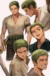  1boy closed_eyes commentary earrings english_commentary green_eyes green_hair happy highres japanese_clothes jewelry katana male_focus oekakiboya one_piece one_piece_(live_action) pectorals roronoa_zoro shirt short_hair simple_background smile solo standing sword toned toned_male weapon white_background 