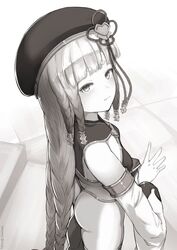  armlet ass bare_shoulders beret blunt_bangs blush braid breasts detached_sleeves dress erune eyeliner female granblue_fantasy greyscale hat highres long_hair looking_at_viewer looking_back makeup monochrome multiple_braids nosuku pholia quad_braids short_eyebrows side_braids small_breasts smile solo very_long_hair wide_sleeves 