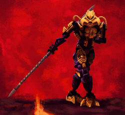  5_fingers ambiguous_gender armor bionicle blue_body brutaka claws crossed_legs digital_drawing_(artwork) digital_media_(artwork) fingers gold_body hand_behind_back hi_res holding_object holding_weapon humanoid large_weapon lava lego lego_brick looking_at_viewer machine mask melee_weapon mouthless neoruke not_furry red_background red_eyes robot simple_background solo standing sword toe_claws weapon 