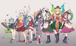  6+girls :d ^_^ ajirogasa antennae apron arm_up bamboo bangs banned_artist barefoot black_footwear black_hair black_headwear black_legwear black_shirt blonde_hair blue_hair blush boots braid breasts brown_eyes brown_hair brown_headwear bug butterfly closed_eyes commentary_request dress eternity_larva eyebrows_visible_through_hair full_body geta gradient gradient_background green_dress green_footwear green_hair green_skirt grey_background grey_dress hajin hand_up hat hatchet hidden_star_in_four_seasons holding holding_weapon horn insects juliet_sleeves kariyushi_shirt kneehighs komano_aun large_breasts leaf long_braid long_hair long_sleeves low_twintails mary_janes matara_okina miniskirt multicolored multicolored_clothes multicolored_dress multiple_girls myouga_(plant) nishida_satono open_mouth orange_dress oriental_hatchet puffy_short_sleeves puffy_sleeves purple_dress purple_eyes purple_footwear red_dress red_eyes red_legwear red_shirt sakata_nemuno sandals shirt shoes short_dress short_hair short_hair_with_long_locks short_sleeves shorts silver_hair single_strap sitting skirt sleeveless sleeveless_shirt smile socks standing standing_on_one_leg tabard teireida_mai touhou twin_braids twintails very_long_hair waist_apron weapon white_apron white_shorts wide_sleeves yatadera_narumi yellow_dress 